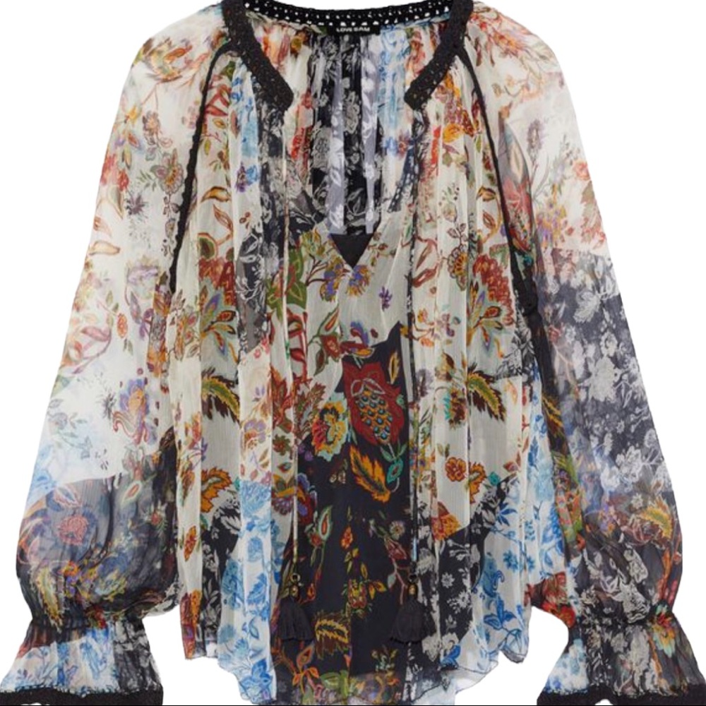 Love The Label x Anthropologie Anora Lg Black Blue Floral Multiprint Peasant Top